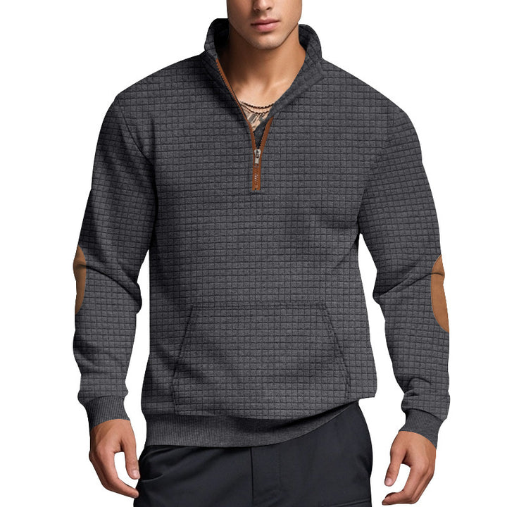 Herren sportlicher Fleece-Pullover mit halbem Reißverschluss und eleganten Ellbogen-Patches Aliams