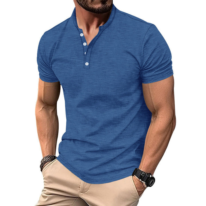 Herren Kurzarm-Henley-T-Shirt mit dekorativen Knopfdetails und geschmeidiger Oberfläche Aliams