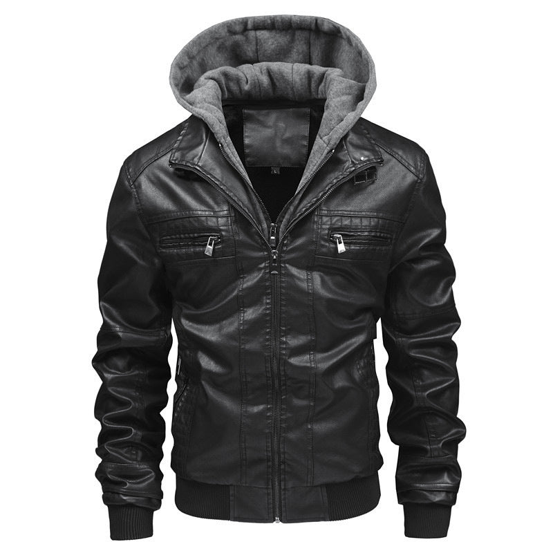 Herren Lederjacke mit abnehmbarem Kapuzen-Innenfutter Aliams