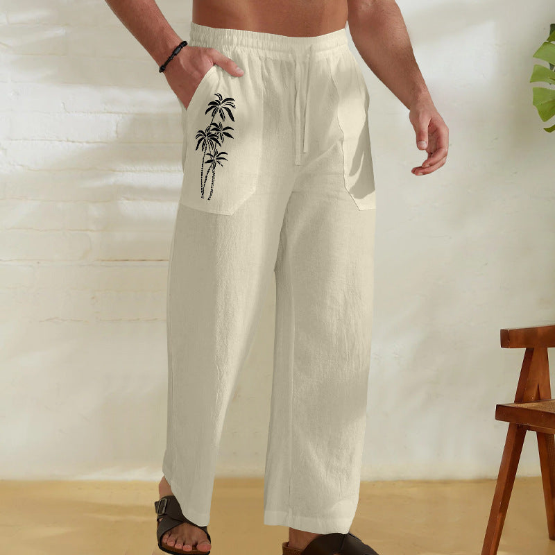 Herren Bequeme Leinenhose mit praktischem Kordelzug und Palmendruck Aliams