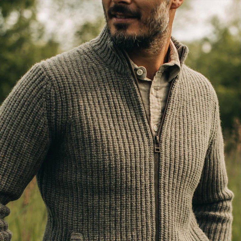 Herren Grob gestrickte Zip-Jacke mit seitlichen Eingrifftaschen und Stehkragen Aliams