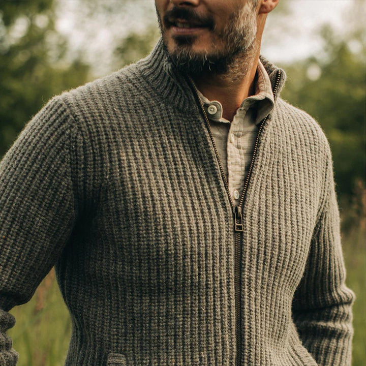 Herren Grob gestrickte Zip-Jacke mit seitlichen Eingrifftaschen und Stehkragen Aliams