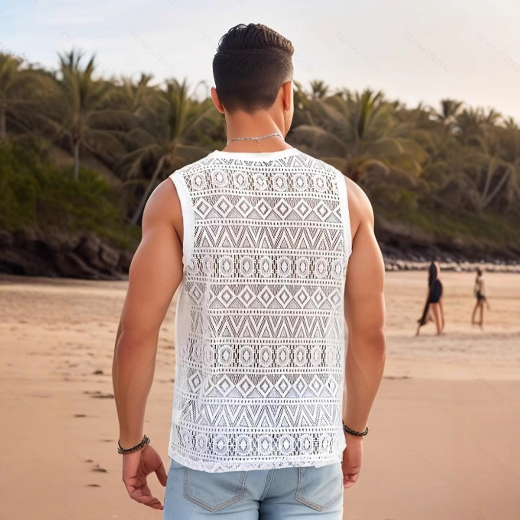 Herren atmungsaktives Muskelshirt mit dekorativem Spitzendesign Aliams