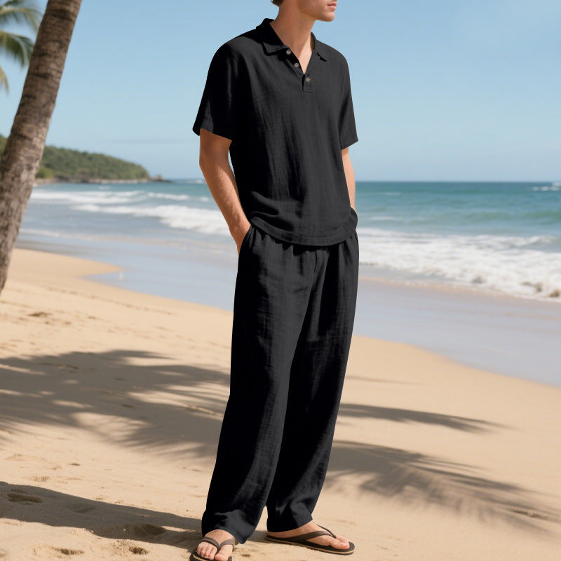 Herren elegantes Leinen-Set mit Kurzarmoberteil und weitem Hosenstil Aliams