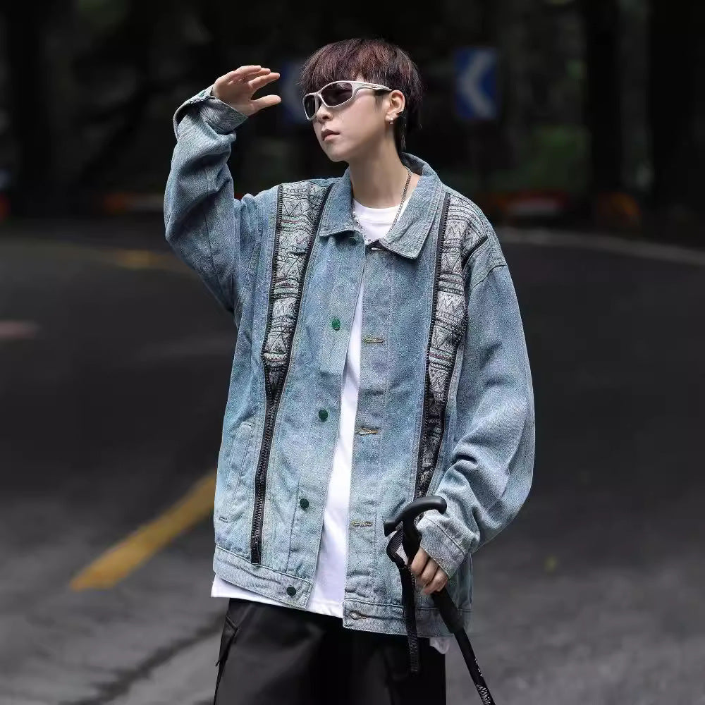 Herren Denim-Jacke mit buntem Ethno-Design und praktischen Reisverschlüssen Aliams