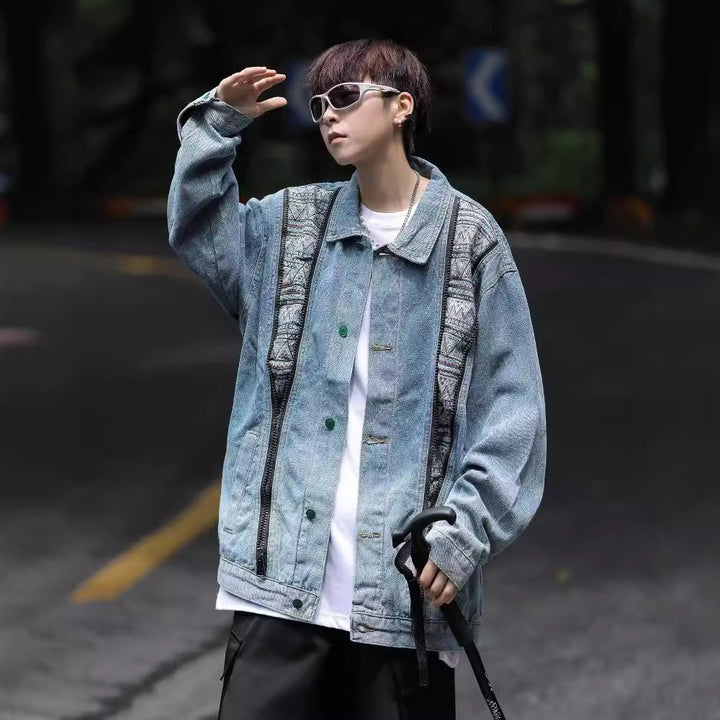 Herren Denim-Jacke mit buntem Ethno-Design und praktischen Reisverschlüssen Aliams