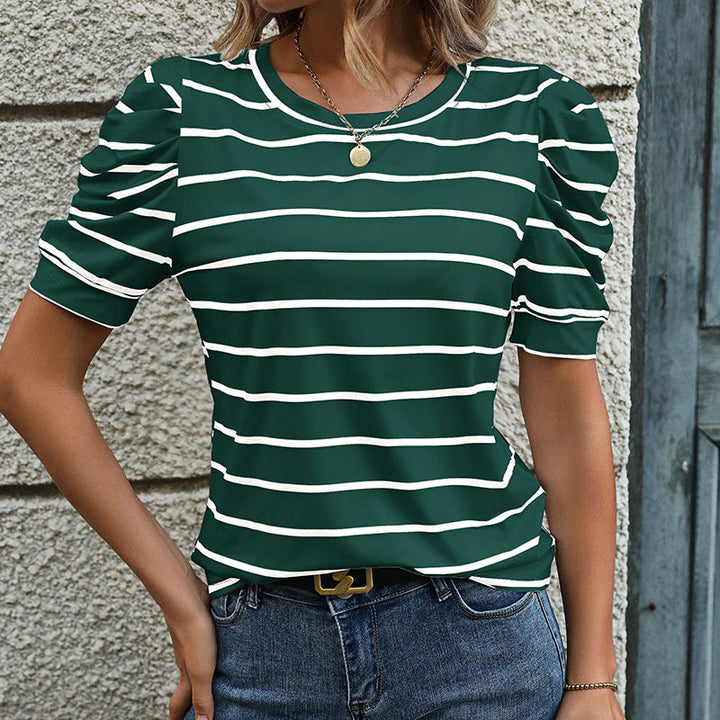 Damen T-Shirt mit Dekorativen Puffärmeln und Modernem Streifenmuster Aliams