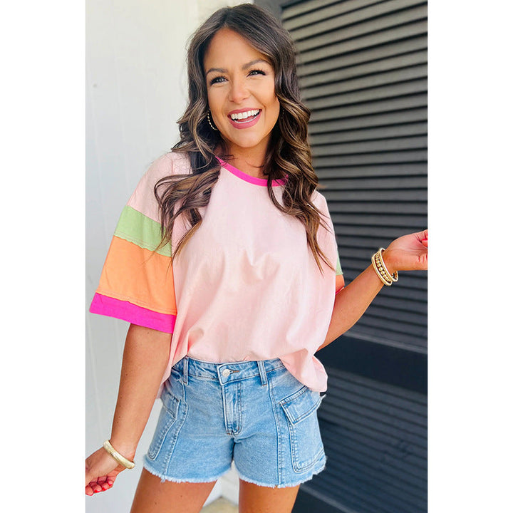 Damen Lässiges T-Shirt mit Bunten Ärmeln Aliams