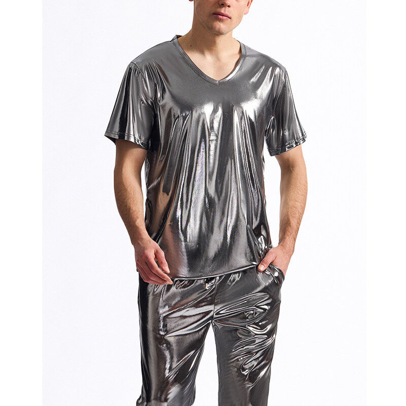 Herren Glänzendes V-Ausschnitt T-Shirt aus hochwertigen Materialien Aliams