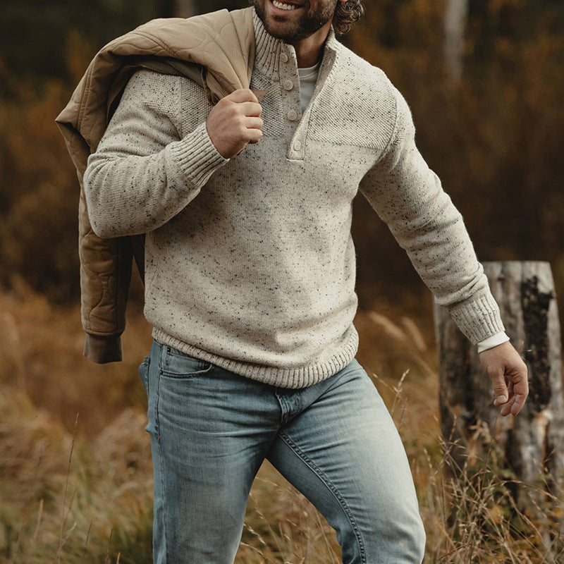 Herren eleganter Strickpullover mit Stehkragen und Knopfleiste Aliams