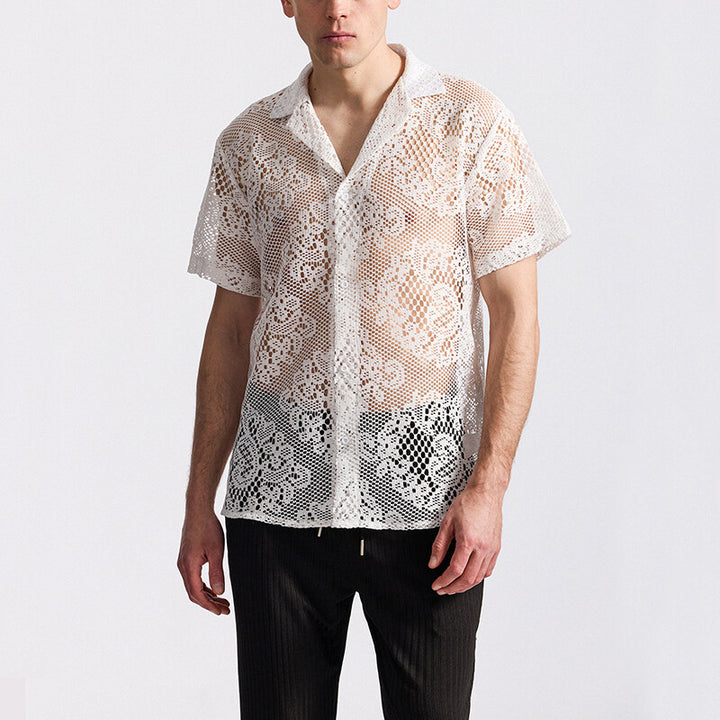 Herren Designer-Hemd aus transparentem Häkelmaterial mit floralem Muster Aliams