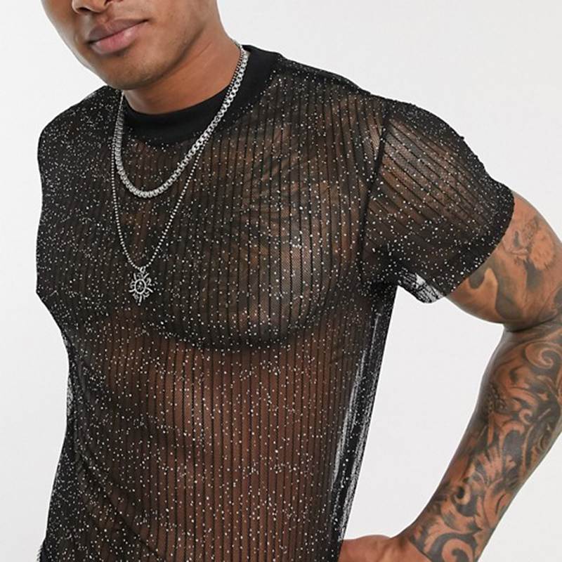 Herren Hochwertiges Mesh-T-Shirt mit glitzerndem Effekt Aliams