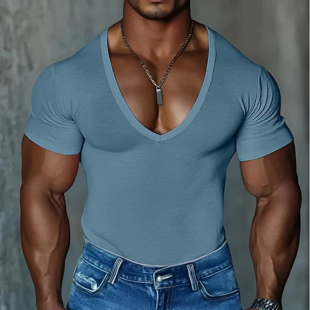 Herren Figurbetontes V-Ausschnitt T-Shirt aus leichtem Baumwollmix Aliams