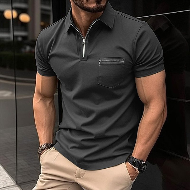 Herren sportliches Kurzarm-T-Shirt mit Reißverschluss und Brusttasche Aliams
