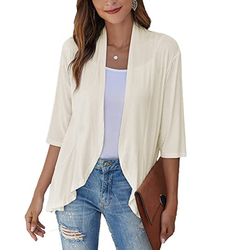 Damen Leichte Chiffonjacke mit Offenen Fronten und 3/4-Ärmeln Aliams