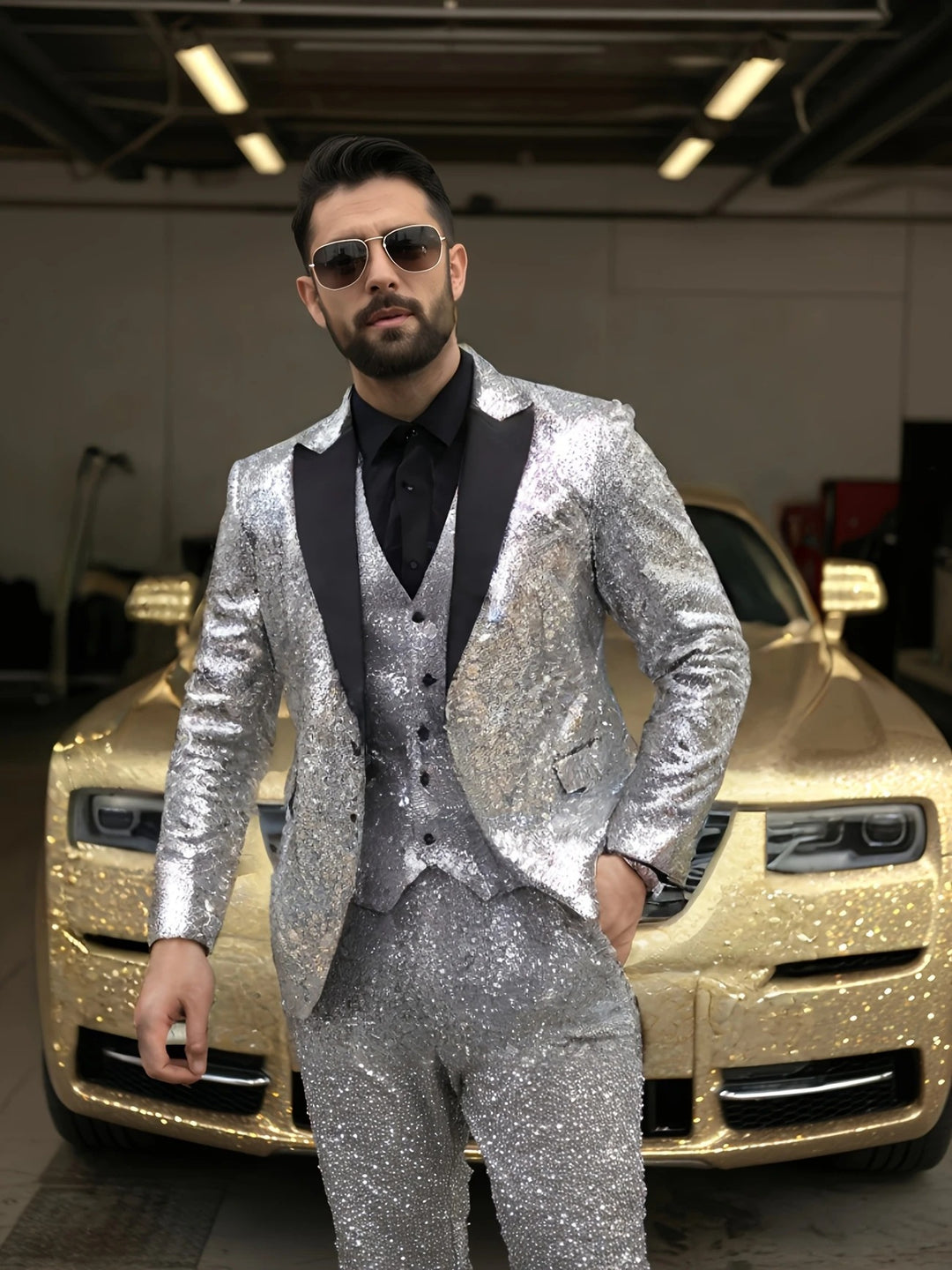 Herren Glamouröser Paillettenanzug mit schmaler Passform und elegantem Revers Aliams