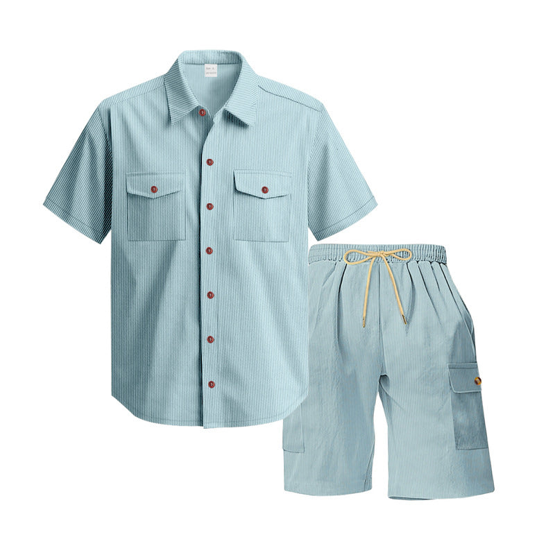 Herren modisches Kurzarm-Hemden- und Cargo-Shorts-Set mit praktischen Taschen und elastischem Bund Aliams