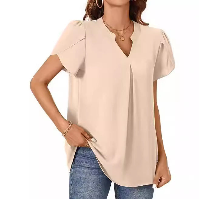 Damen Bluse mit eleganter V-Ausschnitt-Detail und leichten Puffärmeln Aliams