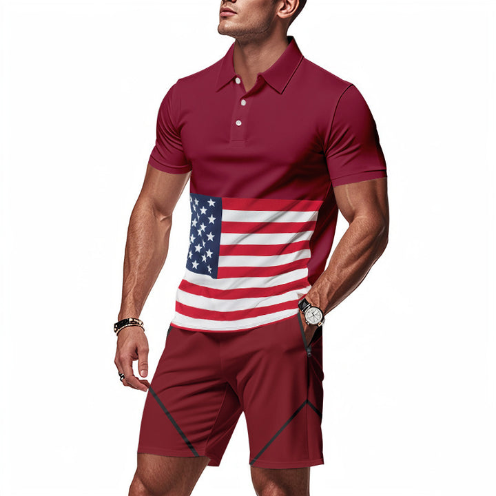 Herren Polo-Shirt und Shorts-Set mit Flaggenmotiven und modernem Schnitt Aliams