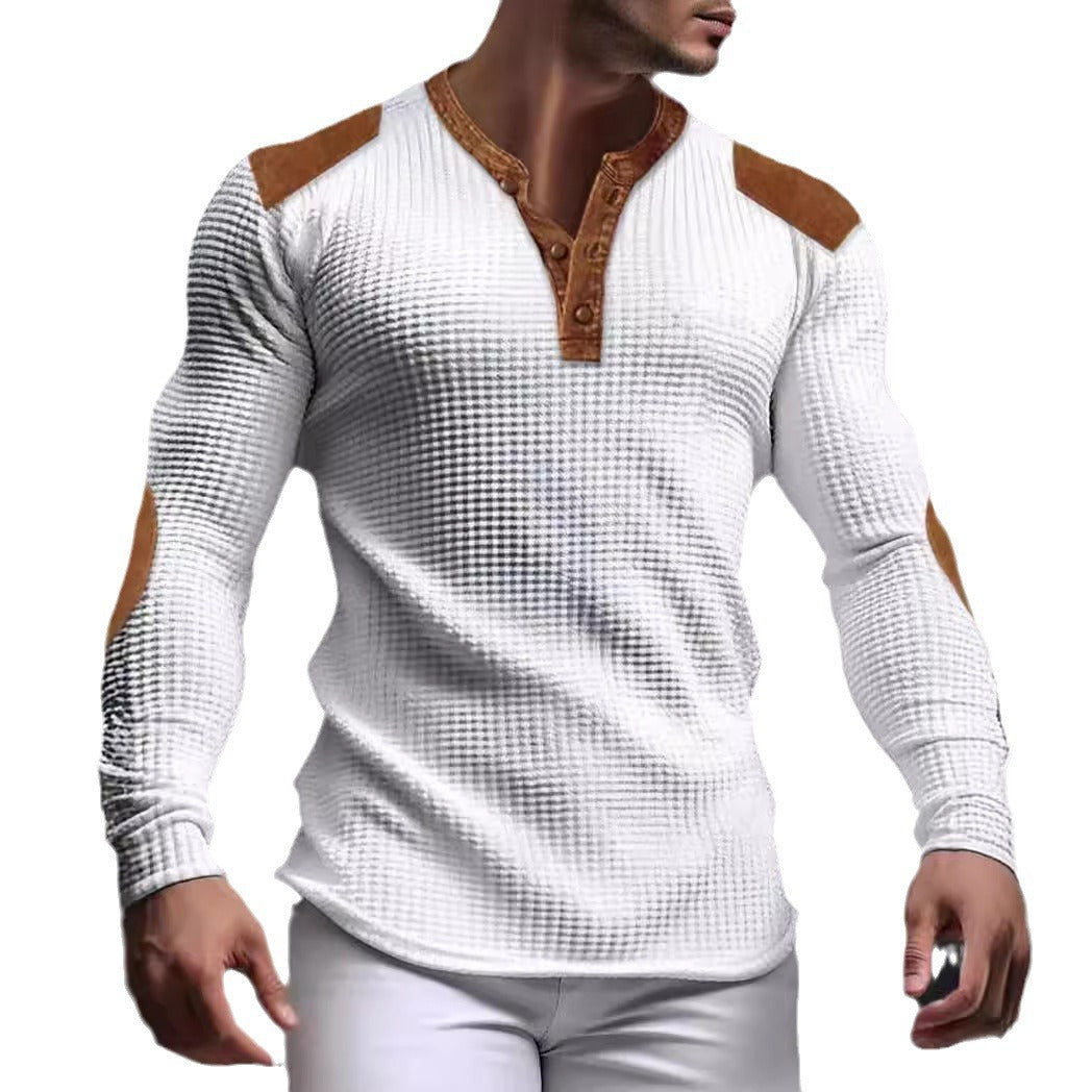 Herren strukturiertes Langarmshirt mit modischen Lederapplikationen Aliams