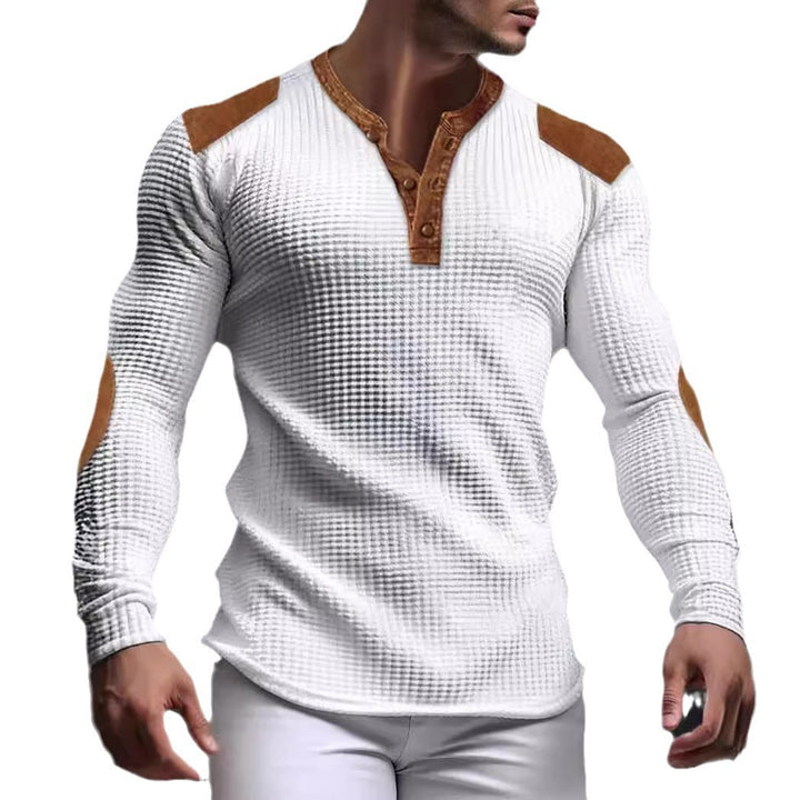 Herren strukturiertes Langarmshirt mit modischen Lederapplikationen Aliams
