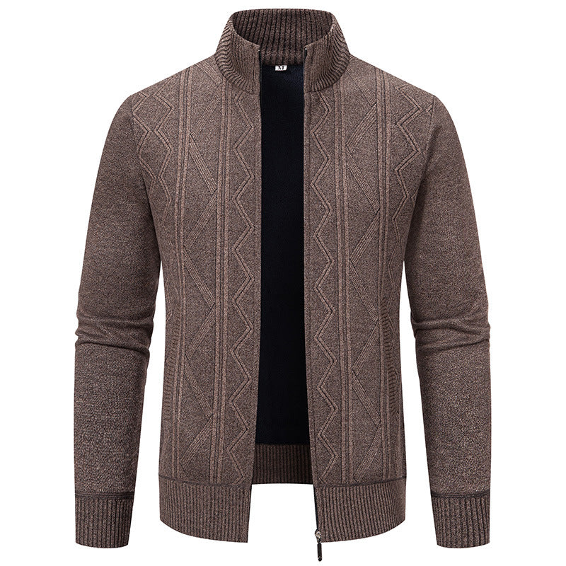 Herren elegante Strickjacke mit strukturiertem Zopfmuster und hohem Kragen Aliams