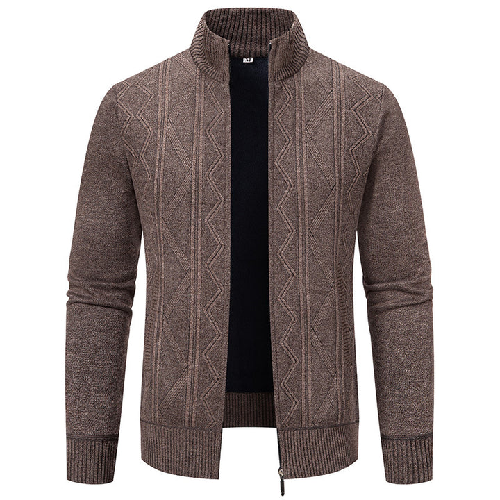 Herren elegante Strickjacke mit strukturiertem Zopfmuster und hohem Kragen Aliams