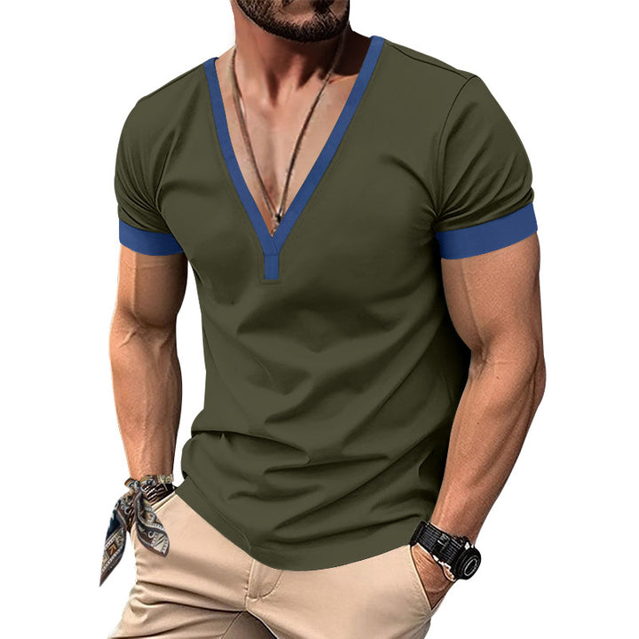 Herren V-Ausschnitt T-Shirt mit kontrastierenden Ärmeln und atmungsaktiver Baumwolle Aliams