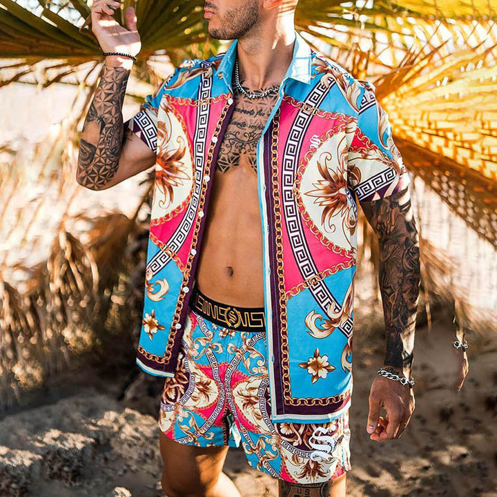 Männer Lebhaftes Tropenprint Kurzarmhemd und Passende Badehose Set Aliams