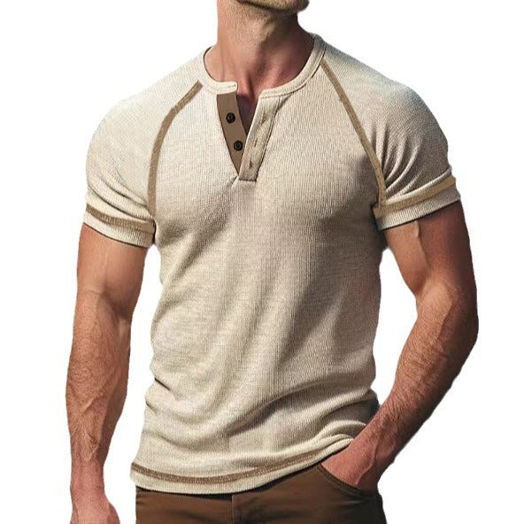 Herren Kurzarm-Henley-Shirt aus atmungsaktivem Strukturmaterial mit dekorativer Knopfleiste Aliams