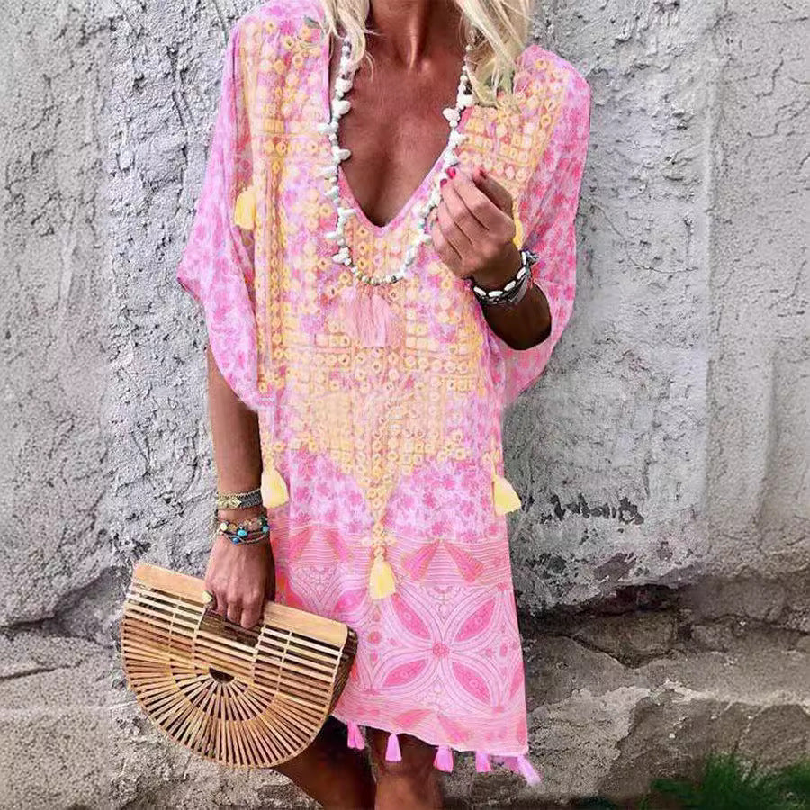 Damen Boho-Chic Kaftan mit V-Ausschnitt und Tassel-Details Aliams