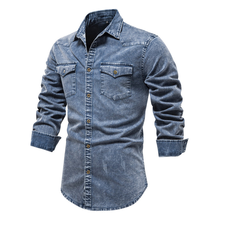 Herren Denim Hemdbluse mit zwei Brusttaschen und geschmackvollen Stickereien Aliams