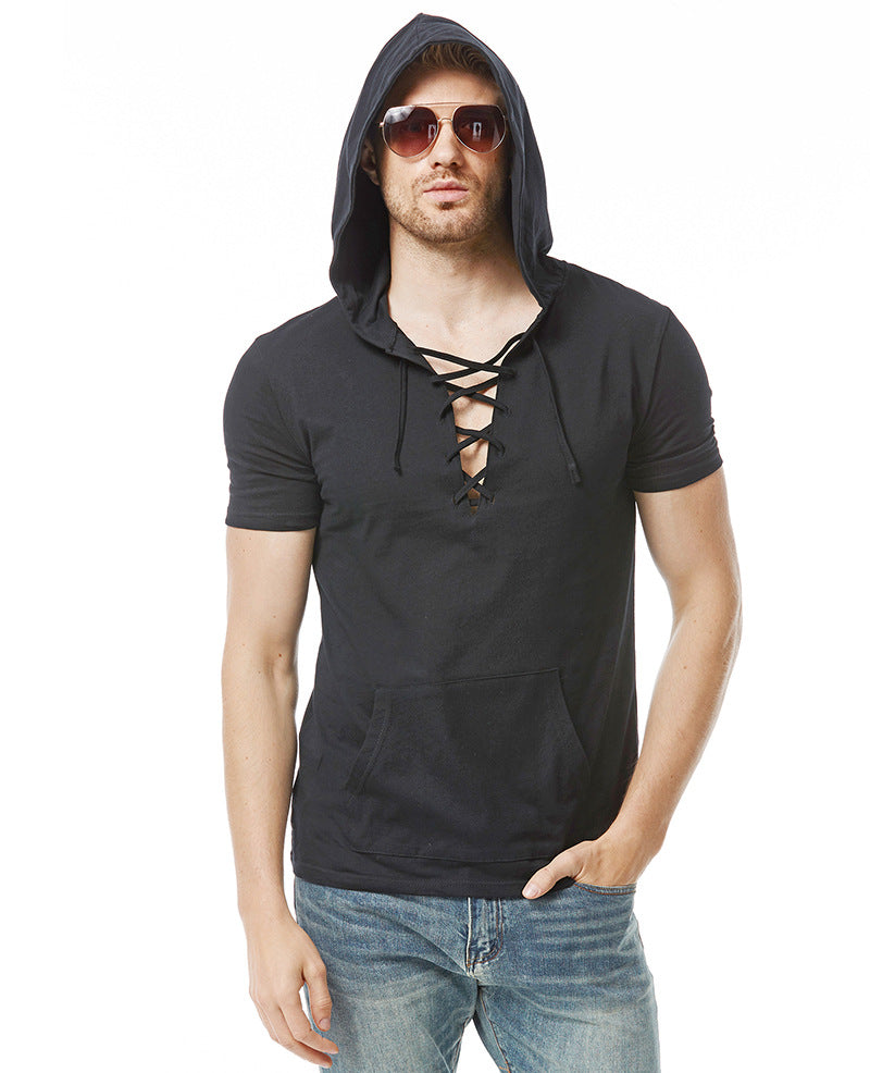 Herren Hoodie T-Shirt mit V-Ausschnitt und Kängurutasche Aliams