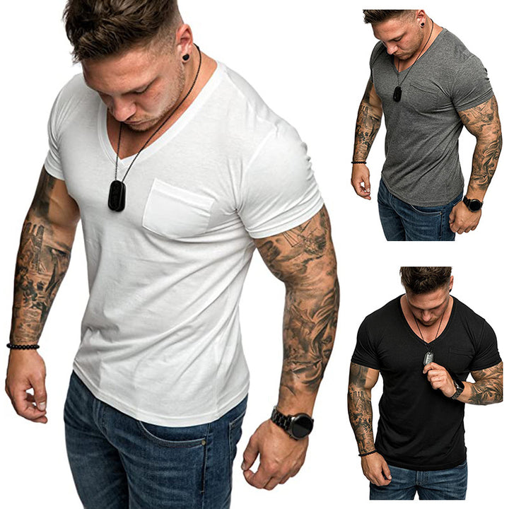Herren V-Ausschnitt T-Shirt aus weicher Baumwolle mit Brusttasche Aliams