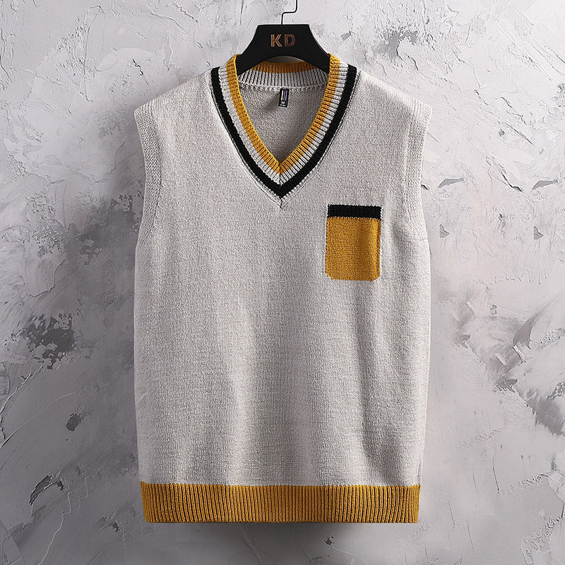Herren ärmellose Strickjacke mit V-Ausschnitt und Farbblockdesign Aliams
