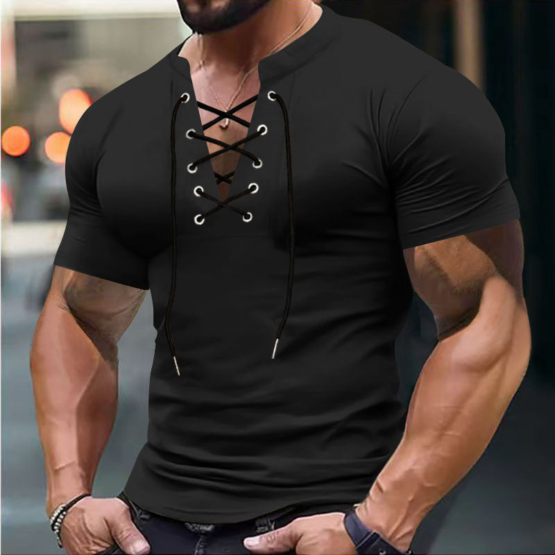 Herren Kurzarm-Henley-Shirt mit modischem Schnürdesign und körperbetonter Passform Aliams