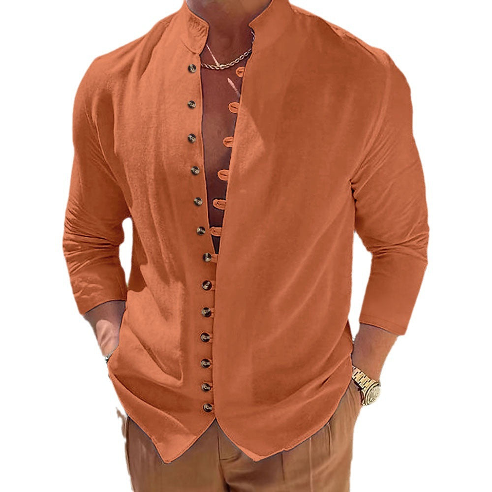 Herren Hemd mit chinesischem Kragen und dekorativer Knopfleiste Aliams