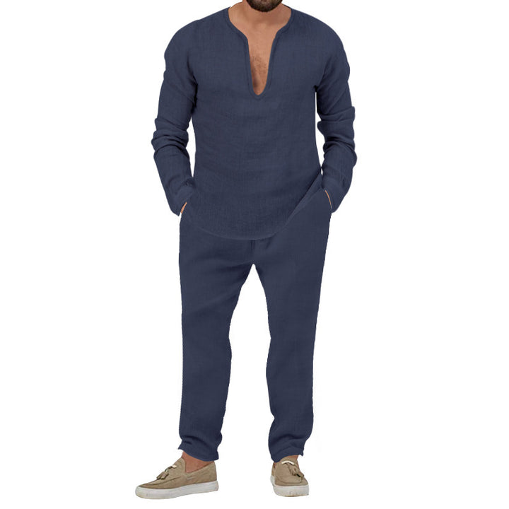 Herren Elegantes Leinen-Loungewear-Set mit Stehkragen Aliams