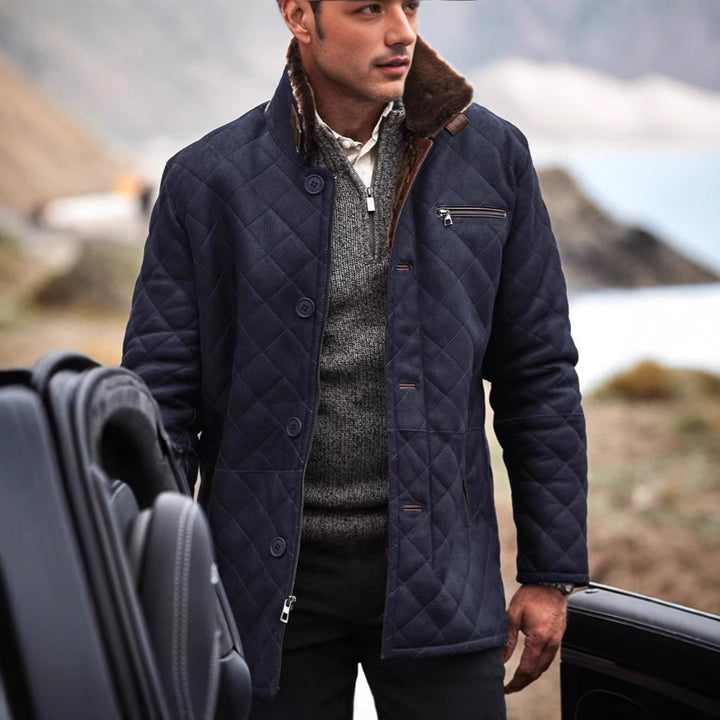 Herren gesteppter Kunstleder-Mantel mit Teddyfell-Kragen Aliams