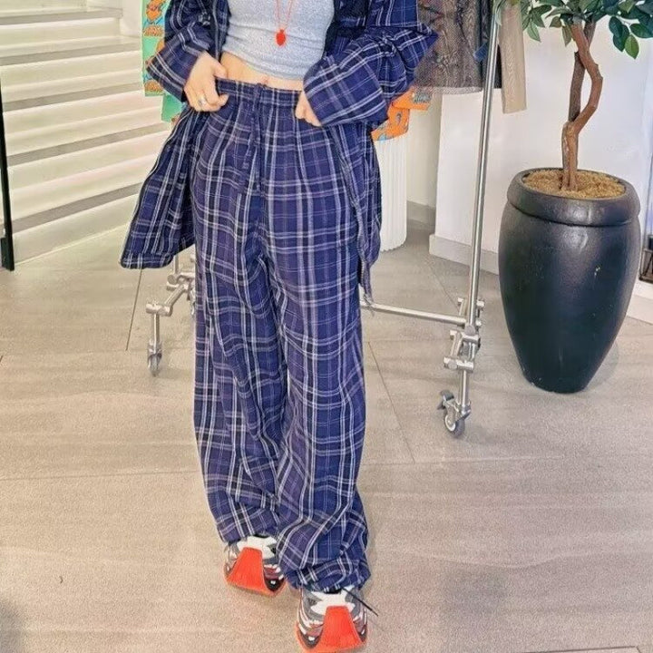 Damen bequeme Karohose mit elastischem Bund und weitem Bein Aliams