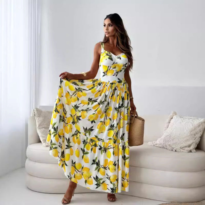 Aliams | Bedrucktes Elastisches Taillenloses Statement Maxi Kleid
