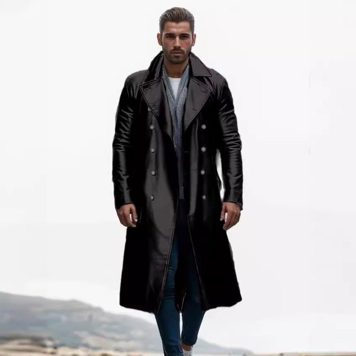 Herren Eleganter Leder-Trenchcoat mit doppelter Knopfreihe und modernem Schnitt Aliams