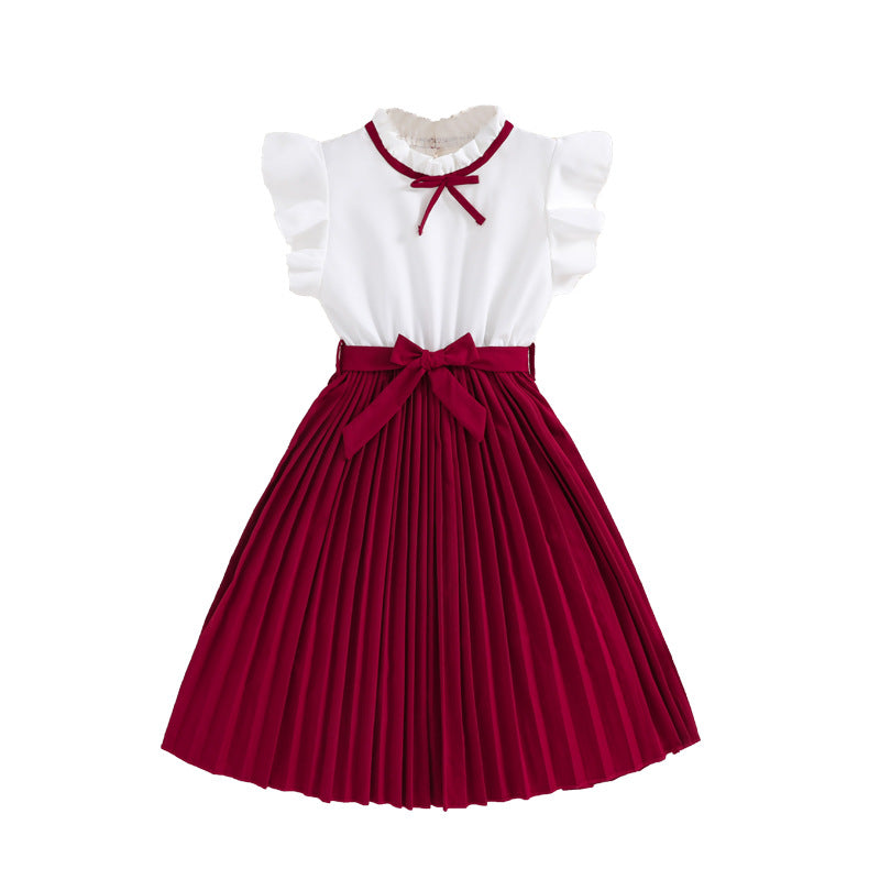 Mädchen Faltenrockkleid mit Puffärmeln und Taillenknoten Aliams