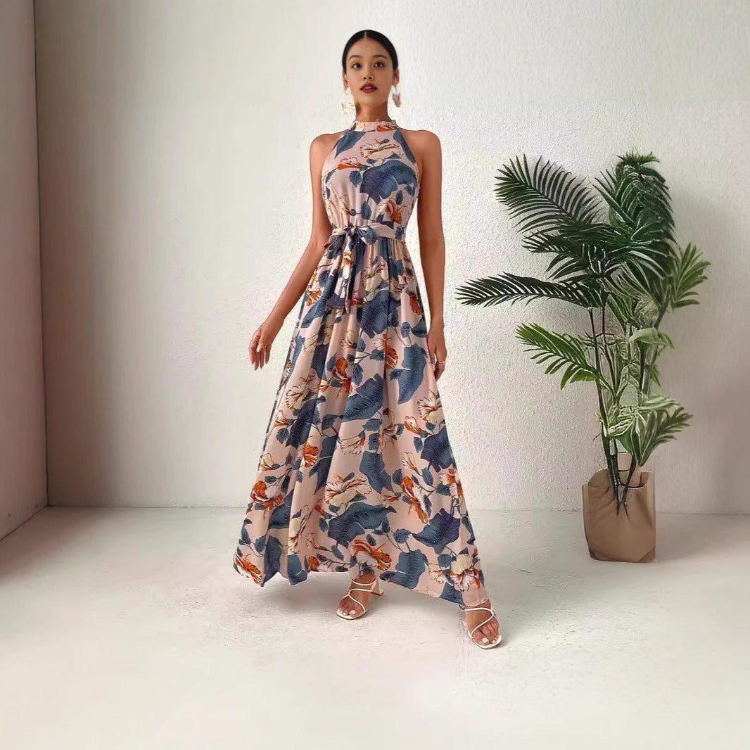 Damen Maxikleid Im Boho-Stil mit Elegantem Halterneck und Seitlichem Bindegürtel Aliams
