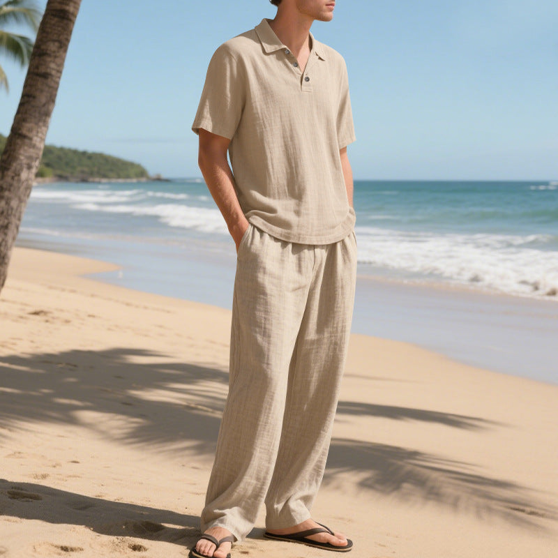 Herren elegantes Leinen-Set mit Kurzarmoberteil und weitem Hosenstil Aliams
