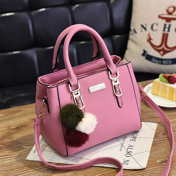 Aliams | Damen-Tasche Lederhandtasche mit 3 weichen Plüschbällen