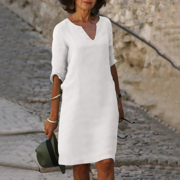 Aliams | Elegantes Sommerkleid Aus Leinen mit V-Ausschnitt
