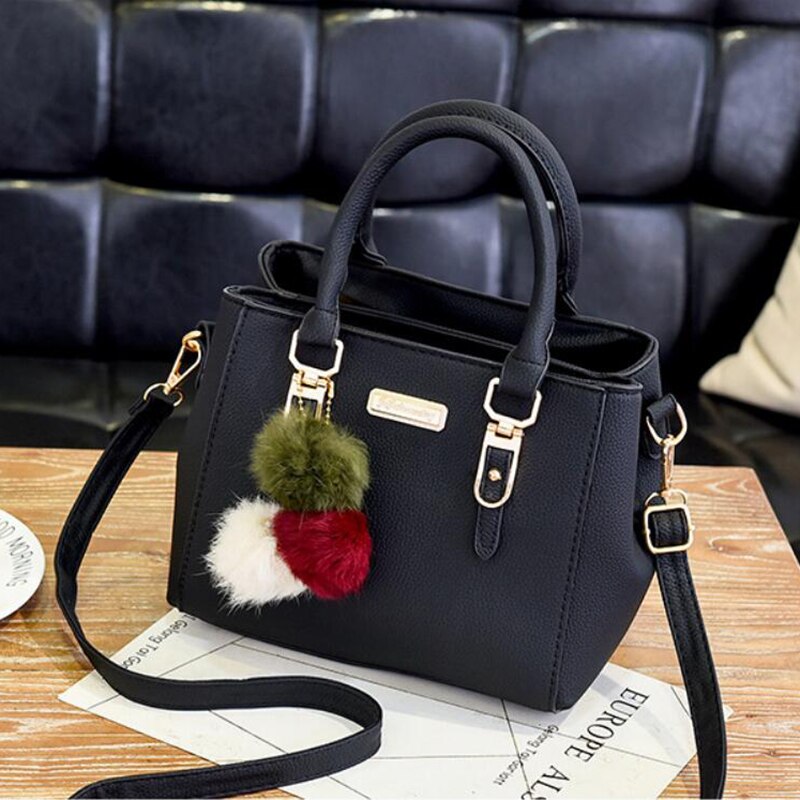 Aliams | Damen-Tasche Lederhandtasche mit 3 weichen Plüschbällen