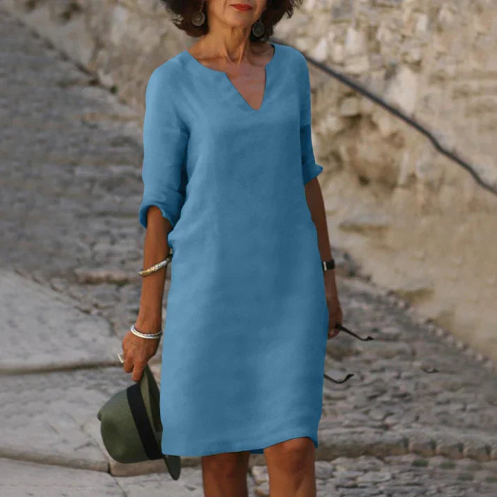 Aliams | Elegantes Sommerkleid Aus Leinen mit V-Ausschnitt