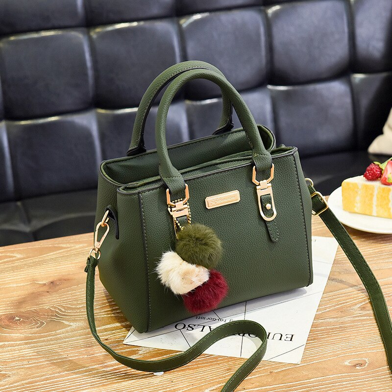 Aliams | Damen-Tasche Lederhandtasche mit 3 weichen Plüschbällen